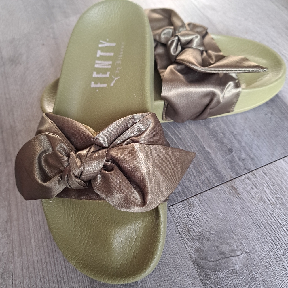 Size 6.5/7 Fenty by Rihanna, Puma, moss green, sliders, sandals, flipflops